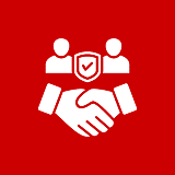 Handshake icon with shield on red background.
